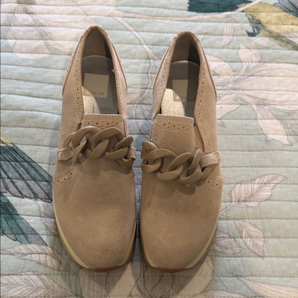 Dolce Vita Tan Loafers with Chain Accent